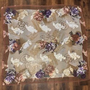 Liz Claiborne Floral Postcard Scarf in Purple, tan and Metallic Silver NWT